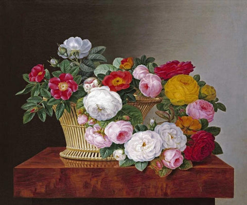 Still Life of Roses In a Basket on a Ledge White Modern Wood Framed Art Print with Double Matting by Jensen, Johan Laurents