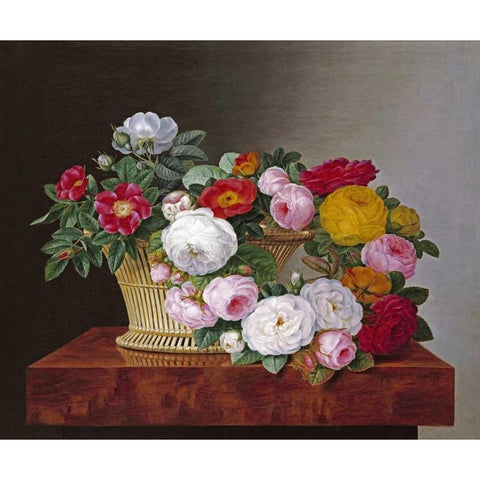 Still Life of Roses In a Basket on a Ledge Black Modern Wood Framed Art Print by Jensen, Johan Laurents