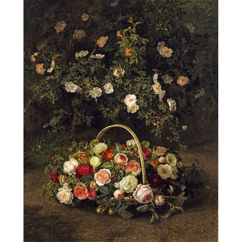Roses In a Basket Beside a Rose Bush Black Modern Wood Framed Art Print by Jensen, Johan Laurents