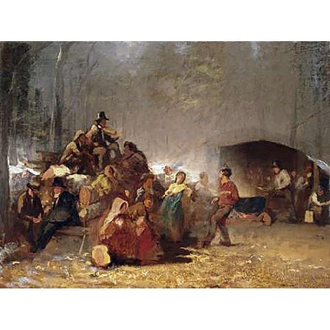 The Party In The Maple Sugar Camp Gold Ornate Wood Framed Art Print with Double Matting by Johnson, Eastman