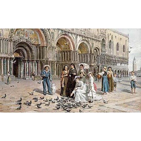 The Pigeons of St. Marks, Venice White Modern Wood Framed Art Print by Kilburne, George Goodwin