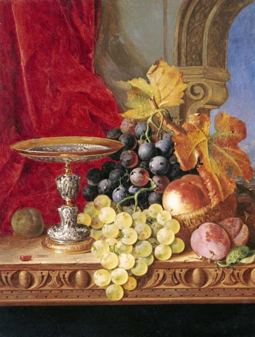 Grapes and a Peach White Modern Wood Framed Art Print with Double Matting by Ladell, Edward