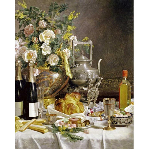 Bottles of Champagne Bread Biscuits and Cakes Gold Ornate Wood Framed Art Print with Double Matting by Larcher, Jules