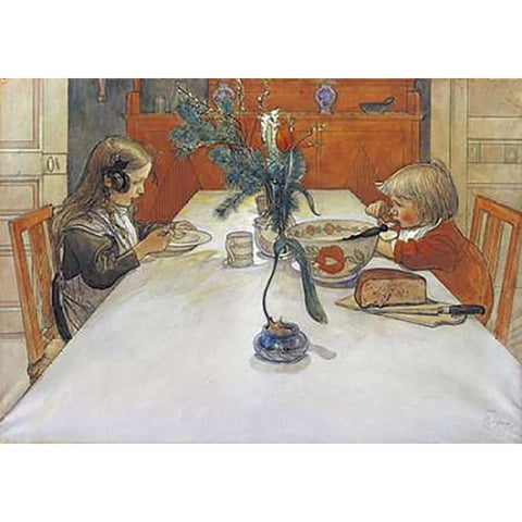 The Evening Meal White Modern Wood Framed Art Print by Larsson, Carl