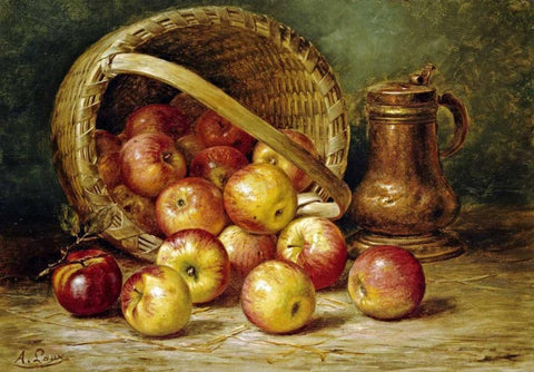 A Basket of Apples Black Ornate Wood Framed Art Print with Double Matting by Laux, August