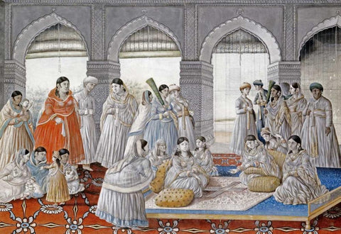 The Royal Harem Playing Pachisi In a Lucknow Palace White Modern Wood Framed Art Print with Double Matting by Lucknow School