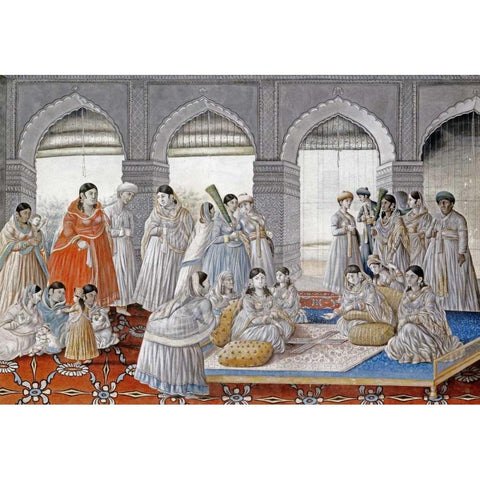 The Royal Harem Playing Pachisi In a Lucknow Palace Black Modern Wood Framed Art Print by Lucknow School