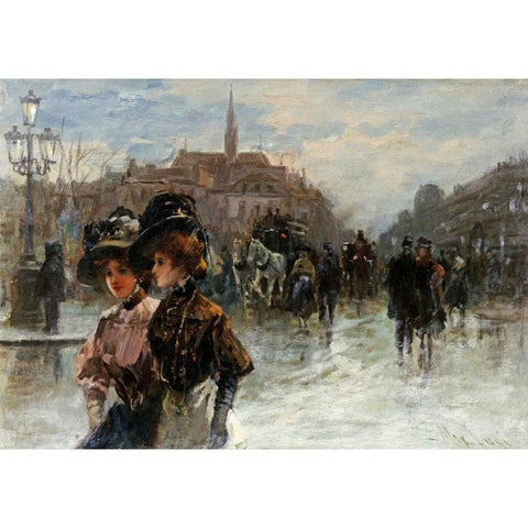 A Street Scene With Elegant Ladies, Paris White Modern Wood Framed Art Print by Lugi, Max