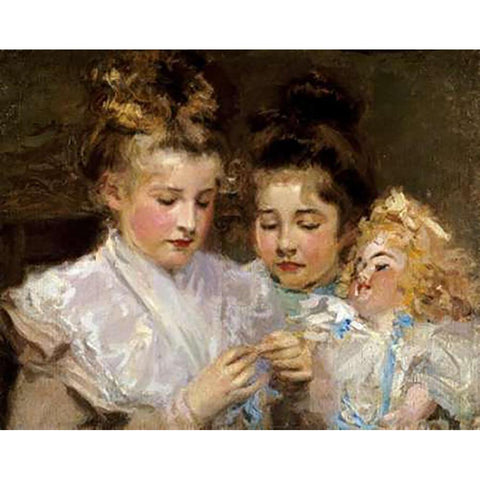 Berthe and Marjorie With Their Doll Gold Ornate Wood Framed Art Print with Double Matting by MacMonnies, Frederic William