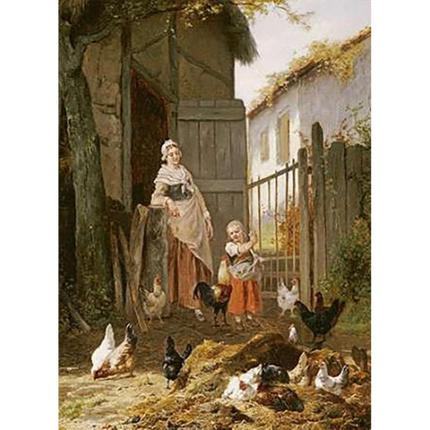 Feeding The Chickens Black Modern Wood Framed Art Print with Double Matting by Maes, Eugene Remy