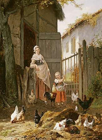 Feeding The Chickens White Modern Wood Framed Art Print with Double Matting by Maes, Eugene Remy