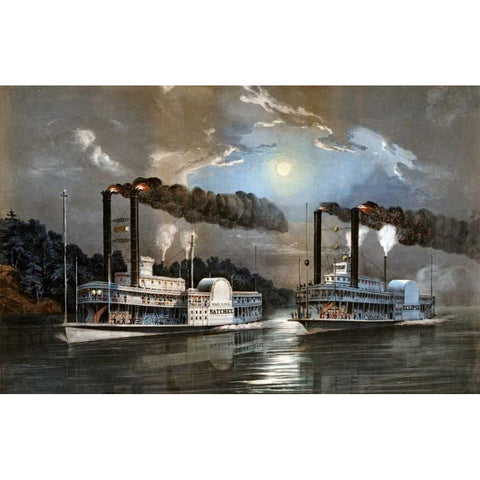 A Midnight Race on The Mississippi Gold Ornate Wood Framed Art Print with Double Matting by Manning, D.