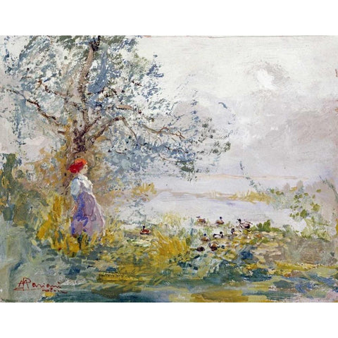 A Peasant Girl and Ducks White Modern Wood Framed Art Print by Mariani, Pompeo