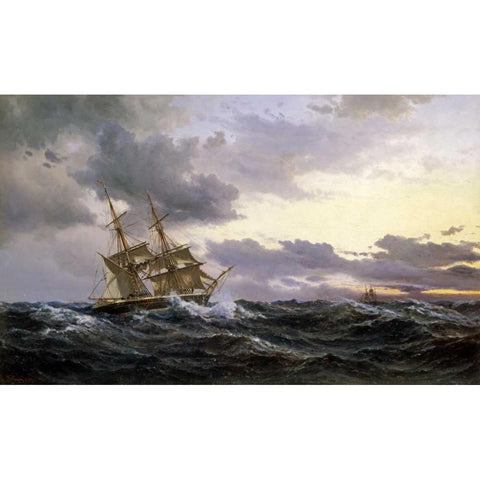 Sailing Vessels In a Stormy Sea Black Modern Wood Framed Art Print with Double Matting by Melbye, Wilhelm