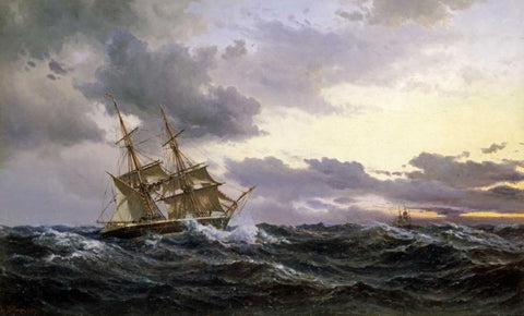 Sailing Vessels In a Stormy Sea Black Ornate Wood Framed Art Print with Double Matting by Melbye, Wilhelm