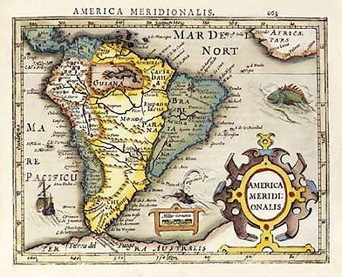 Map of South America White Modern Wood Framed Art Print with Double Matting by Mercator, Gerard