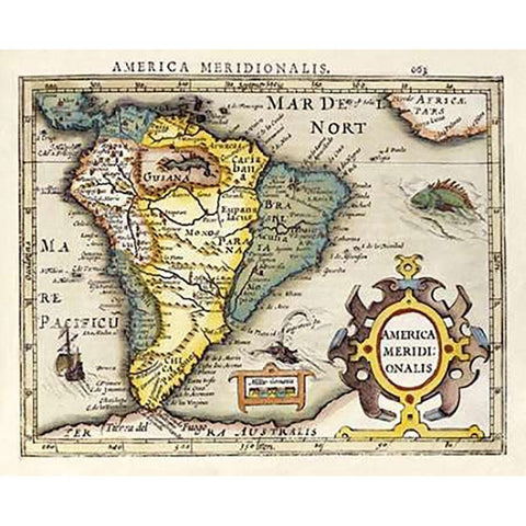 Map of South America Gold Ornate Wood Framed Art Print with Double Matting by Mercator, Gerard