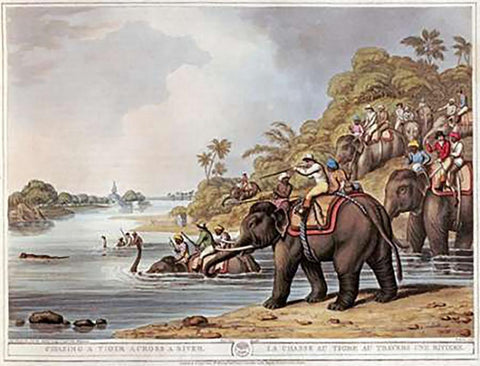Chasing a Tiger Across a River Black Ornate Wood Framed Art Print with Double Matting by Merke, H.