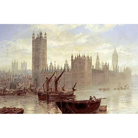 Westminster From The Thames White Modern Wood Framed Art Print by Stanfield Moore, Claude T