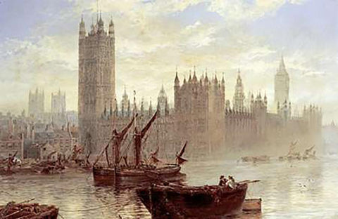 Westminster From The Thames Black Ornate Wood Framed Art Print with Double Matting by Stanfield Moore, Claude T