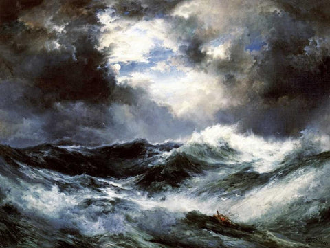 Moonlit Shipwreck at Sea White Modern Wood Framed Art Print with Double Matting by Moran, Thomas