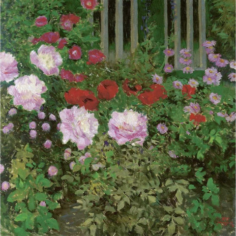 Flowers and Garden Fence White Modern Wood Framed Art Print by Moser, Koloman