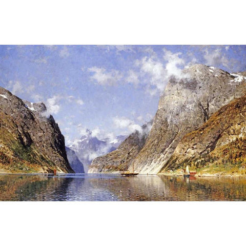 A Norwegian Fjord White Modern Wood Framed Art Print by Normann, Adelsteen