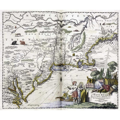 Map of The New World Gold Ornate Wood Framed Art Print with Double Matting by Ogilby, John