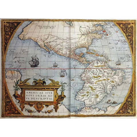 Map of America From Theatrum Orbis Terrarum Black Modern Wood Framed Art Print with Double Matting by Ortelius, Abraham