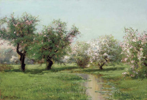 The Orchard In Spring Black Ornate Wood Framed Art Print with Double Matting by Parton, Arthur