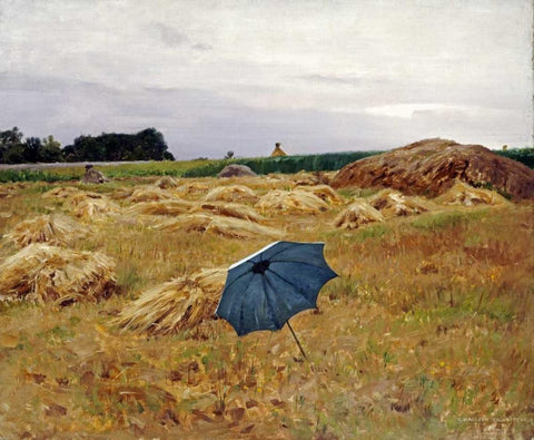 The Blue Umbrella Black Ornate Wood Framed Art Print with Double Matting by Pearce, Charles Sprague