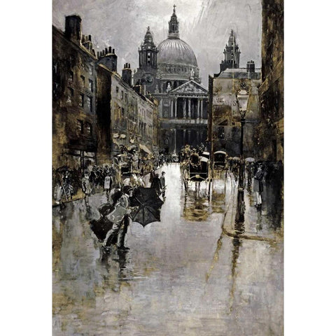 West Front of St Pauls From Ludgate Hill White Modern Wood Framed Art Print by Pennell, Joseph