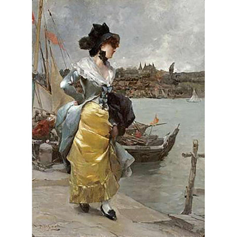 At The Quayside Black Modern Wood Framed Art Print with Double Matting by Pinchart, Emile-Auguste