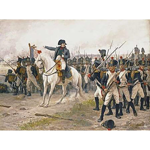 Napoleon at The Battle of Friedland White Modern Wood Framed Art Print by Ponsan, Edouard-Benard-Debat