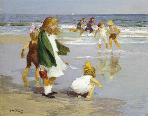 Play In The Surf White Modern Wood Framed Art Print with Double Matting by Potthast, Edward Henry