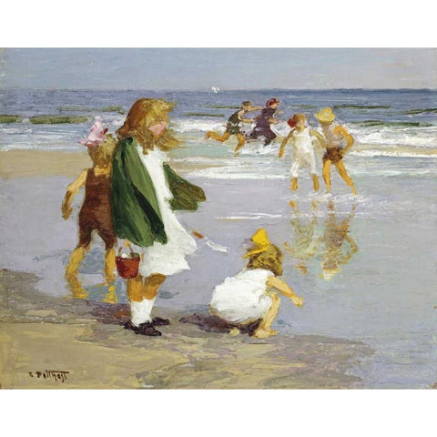 Play In The Surf Gold Ornate Wood Framed Art Print with Double Matting by Potthast, Edward Henry