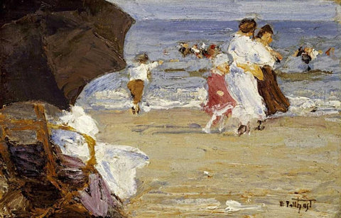 The Beach Umbrella Black Ornate Wood Framed Art Print with Double Matting by Potthast, Edward Henry