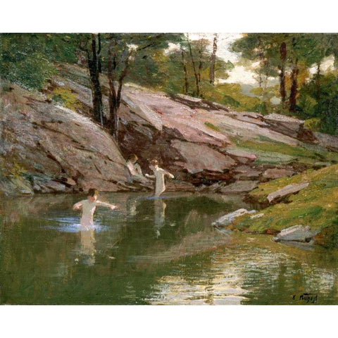 The Swimming Hole Black Modern Wood Framed Art Print with Double Matting by Potthast, Edward Henry