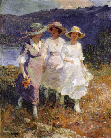 Walking In The Hills White Modern Wood Framed Art Print with Double Matting by Potthast, Edward Henry