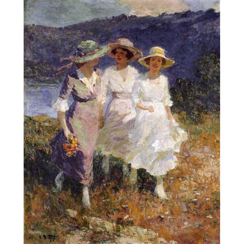 Walking In The Hills White Modern Wood Framed Art Print by Potthast, Edward Henry