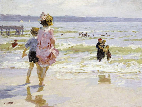 At The Seashore White Modern Wood Framed Art Print with Double Matting by Potthast, Edward Henry