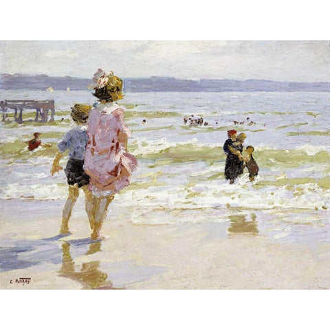 At The Seashore White Modern Wood Framed Art Print by Potthast, Edward Henry