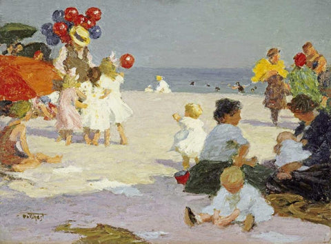 On The Beach White Modern Wood Framed Art Print with Double Matting by Potthast, Edward Henry
