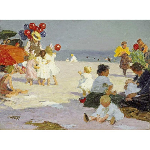 On The Beach White Modern Wood Framed Art Print by Potthast, Edward Henry