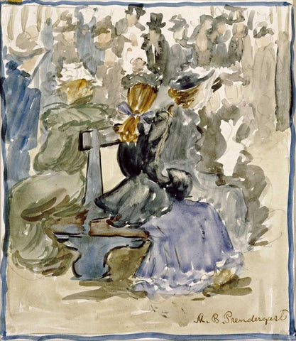 Ladies Seated on a Bench White Modern Wood Framed Art Print with Double Matting by Prendergast, Maurice Brazil