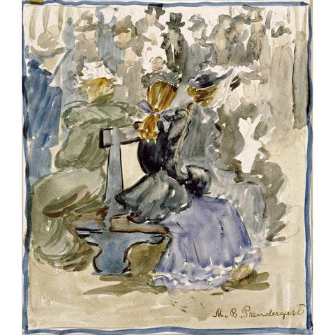 Ladies Seated on a Bench White Modern Wood Framed Art Print by Prendergast, Maurice Brazil