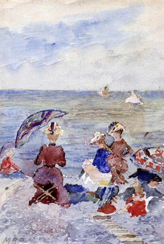 Figures on The Beach White Modern Wood Framed Art Print with Double Matting by Prendergast, Maurice Brazil