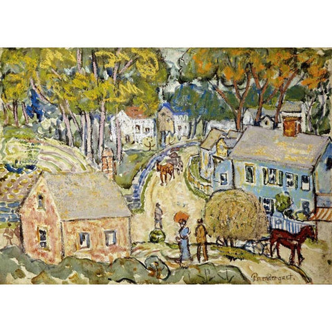 A New England Village Black Modern Wood Framed Art Print with Double Matting by Prendergast, Maurice Brazil