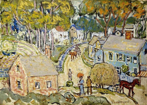 A New England Village White Modern Wood Framed Art Print with Double Matting by Prendergast, Maurice Brazil