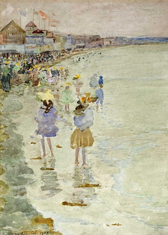 Crescent Beach Black Ornate Wood Framed Art Print with Double Matting by Prendergast, Maurice Brazil